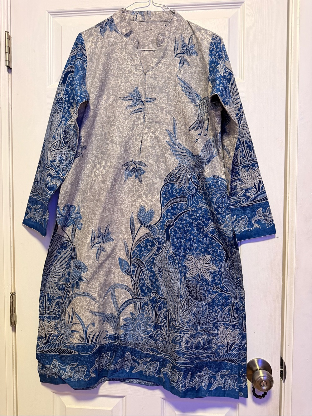 Blue & White Floral + Crane Print Midi Women's Kurti Dress